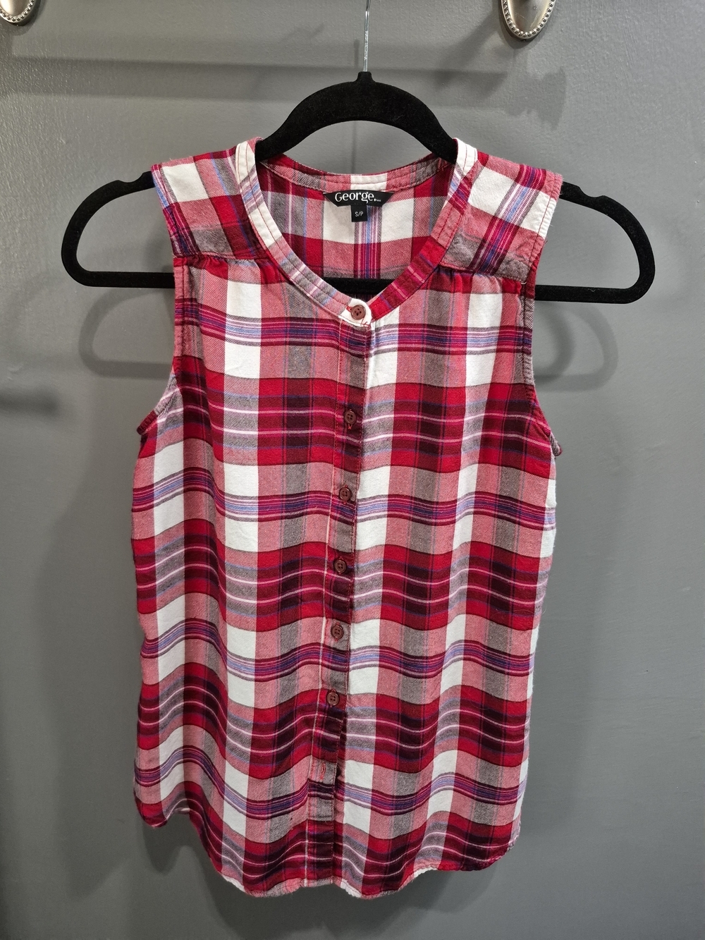 George Red and White Plaid Sleeveless Button-Front Camisole Size Small